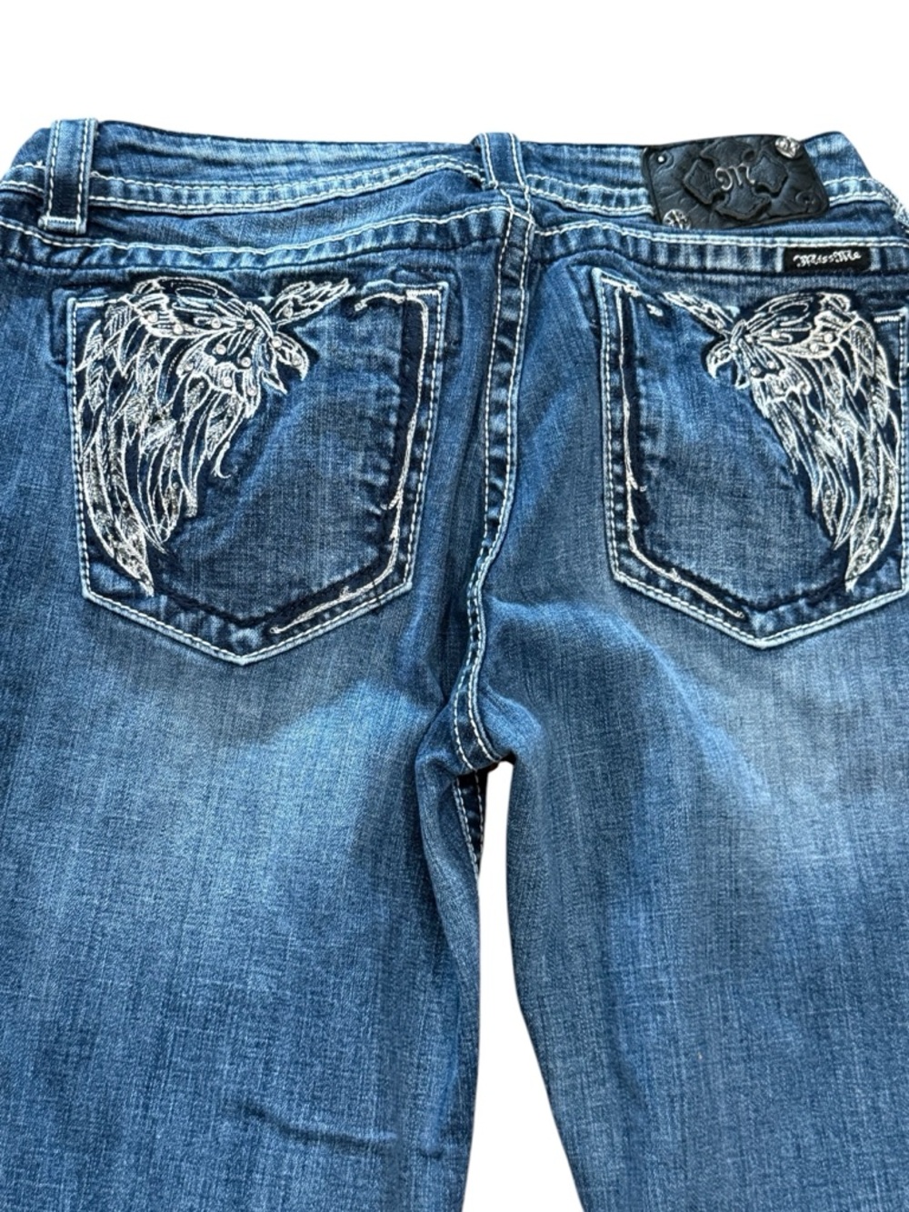 Miss Me Blue Stretch Denim Bootcut Jeans with Silver Embroidered Wing Pockets 34 - Picture 13 of 16